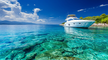 A yacht moored in clear blue ocean waters near a coastline with vibrant underwater scenery and a...