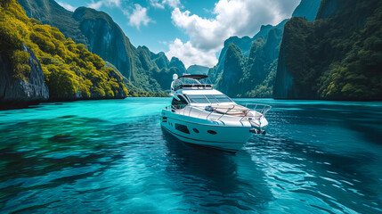 A yacht floating on clear blue ocean water surrounded by towering green cliffs under a bright sky. Ai generative
