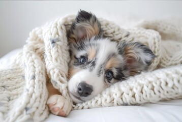 blue merle corgi puppy looking at camera and licking his paw lying on a white pillow under a blanket