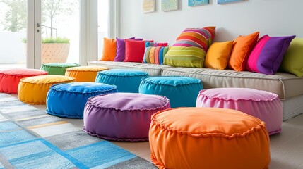 Colorful, whimsical poufs add a fun and functional element to a modern children's room