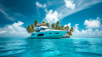 A luxury yacht anchored near a tropical island with palm trees under a blue sky. Ai generative - obrazy, fototapety, plakaty