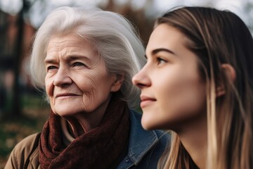 a cropped image of a senior woman standing outside with her daughter