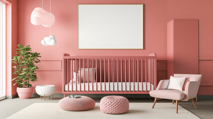 Contemporary baby room with a pink crib and chic decor, bright light, and stylish design. Urban living concept. Generative AI