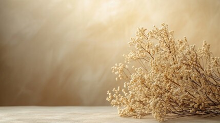 Delicate dry flora showcased on minimalist surfaces, capturing a serene ambiance