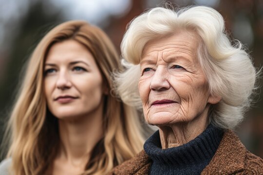 a cropped image of a senior woman standing outside with her daughter