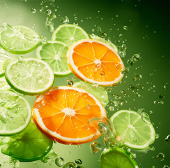  slices of orange and lime in the water splash 