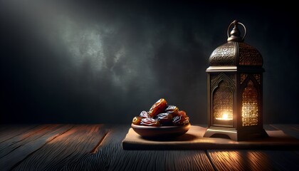 Ramadan concept high key style. Still with a Ramadan Lantern and plate with dates. Food for ifthar on Wooden table. Blurred dark textured wall background. Place or negative text on the right. --ar 16: