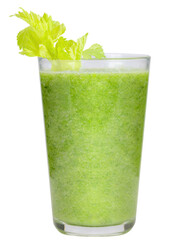 Liquid raw food for detox dietary, green smoothie in tall glass garnish with celery leaf isolated...