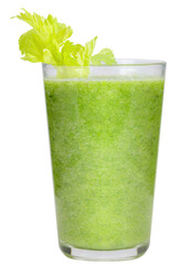 Liquid raw food for detox dietary, green smoothie in tall glass garnish with celery leaf isolated clipping path on white.