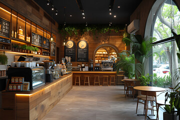 Fototapeta na wymiar Business cafe, Empty coffee shop interior daytime with wooden design