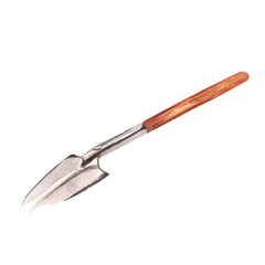 Hand-drawn watercolor illustration. Garden shovel with wooden handle