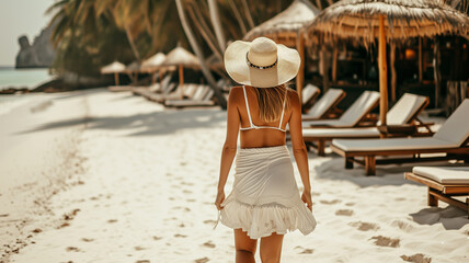Sunlit Seclusion Woman in Hat, Back Turned, Facing the Vast Ocean