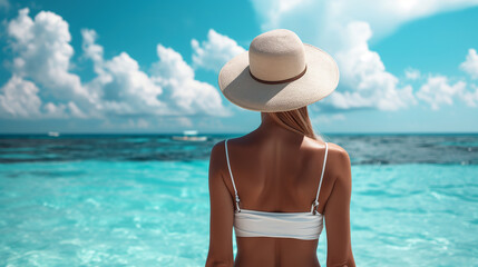 Seascape Serenity Woman Observing Ocean Views in Hat from Behind
