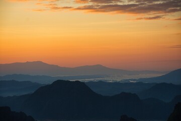 Nam Ngun Sunrise View Point in Vang Vieng, Laos at Big Pha Ngern View Point Top. Sunning view early morning, view until Nam Ngum