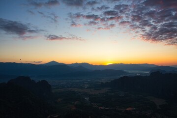 Sunrise View Point in Vang Vieng, Laos at Big Pha Ngern View Point Top. Sunning view early morning, view until Nam Ngum