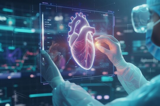 Doctor looks at the hologram of the Heart, checks the test result on the virtual interface