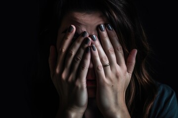 cropped image of a woman holding her hands over her eyes in despair - obrazy, fototapety, plakaty