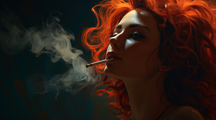 Portrait of a beautiful young woman with red hair smoking a cigarette