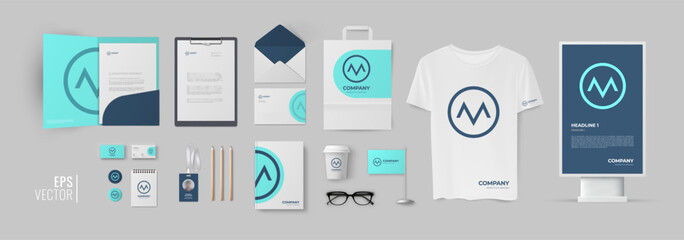 A set of corporate identity elements with a round logo in the shape of the letter M and a blue color scheme, a vector design template for a business card, folder, letterhead and envelope