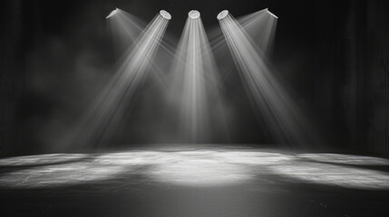 Free stage with lights and smoke, Empty stage with white spotlights, conser, show, party, Presentation concept. white spotlight strike on black background, vintage retro stage black white