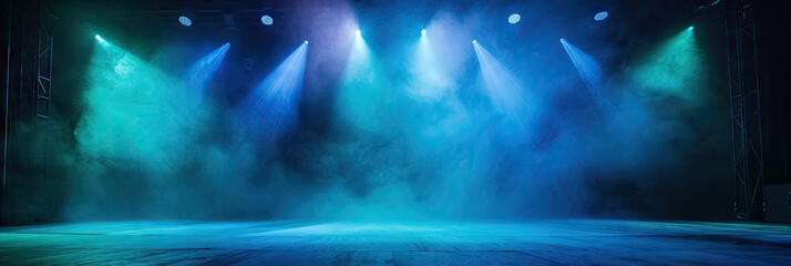 Free stage with lights and smoke, Empty stage with blue and green spotlights, conser, show, party, Presentation concept. dark navy blue spotlight strike on black background. banner design