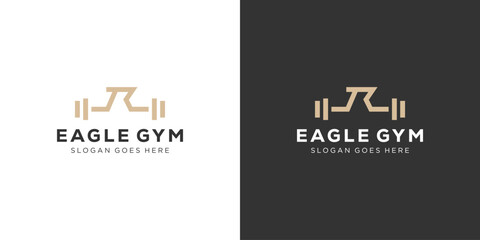 Creative Eagle GYM Logo. Hawk Eagle Head and Barbell Dumbbell with Minimalist Style. Eagle Fitness Logo Icon Symbol Vector Design Template.  - obrazy, fototapety, plakaty