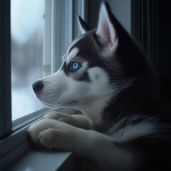 Sad husky puppy looks out the window and waits for its owner