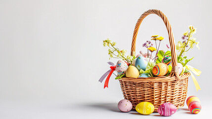 Fototapeta na wymiar An Easter basket with eggs and flowers steals the spotlight, meticulously arranged against a clear, radiant white background and copy space for text 