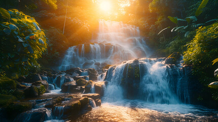 A cascading waterfall, with lush greenery as the background, during a vibrant sunset