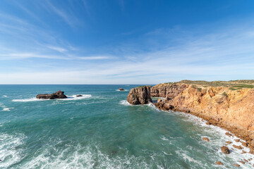 Ocean view and blue sky, Pontal da Carrapateira in Aljezur, Portugal.