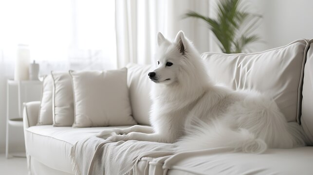 American Eskimo Dog playing on a yard on a sunny day, in the style of landscape-focused