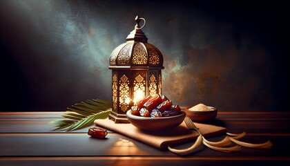 Ramadan concept. Still with a Ramadan Lantern and plate with dates. Wooden table. Blurred dark textured wall background. Place or negative text on the right. --ar 16:9
