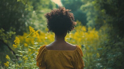 Black woman in nature. Back view.