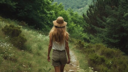 Young woman walking in nature. Back view.