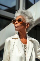 Portrait of stylish African American woman with gray hair in white coat.