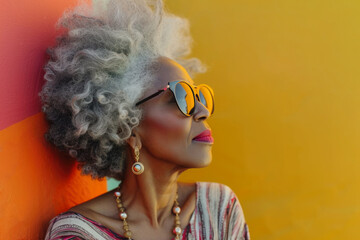 Portrait of stylish African American woman with gray hair, with sunglasses against bright wall.