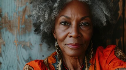 Portrait of stylish African American woman with gray hair looking at camera.
