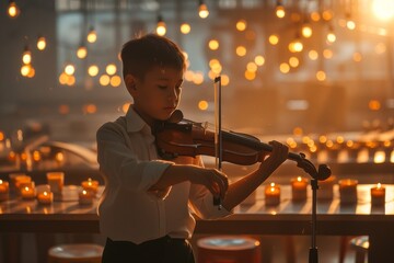 Small child plays and practices playing the violin on a musical stringed instrument in the evening by candlelight
