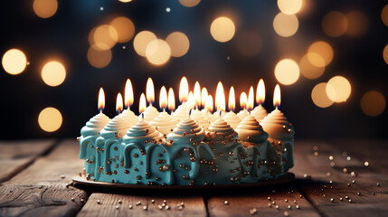 birthday cake with golden candles and balloons - obrazy, fototapety, plakaty