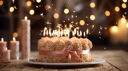 birthday cake with golden candles and balloons - 731583774