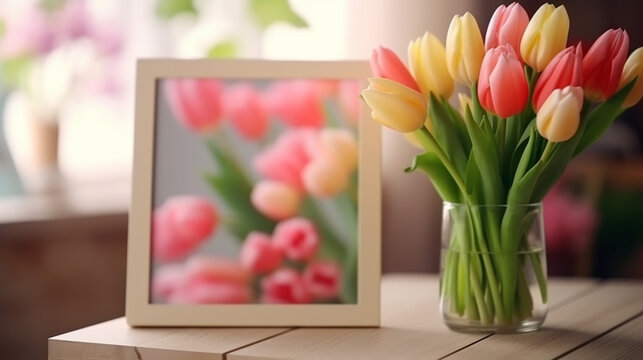 Poster frame mockup. White wooden frame for painting, photo or poster. Bright orange bouquet of fresh tulips in a glass vase.