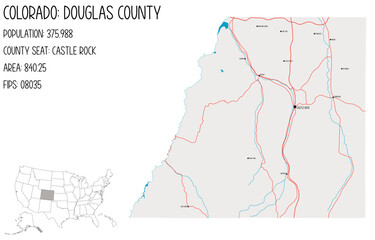 Large and detailed map of Douglas County in Colorado, USA. - obrazy, fototapety, plakaty