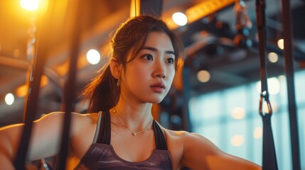 Within the vibrant atmosphere of a modern gym, a Chinese girl engages in a focused workout, her determination evident in every repetition 