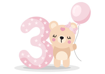 Cute teddy bear girl with balloon to celebrate happy 3st year or 3st month