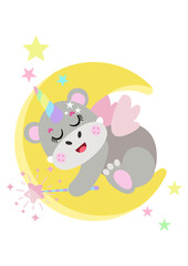 Cute unicorn hippo sleeping on moon