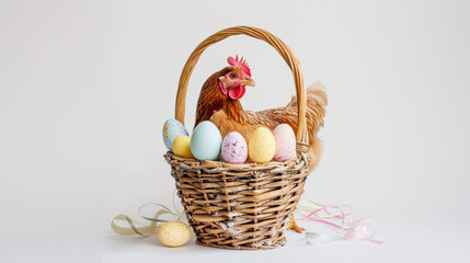 An Easter basket with a hen sitting in it  steals the spotlight, meticulously arranged against a clear, radiant white background and copy space for text 