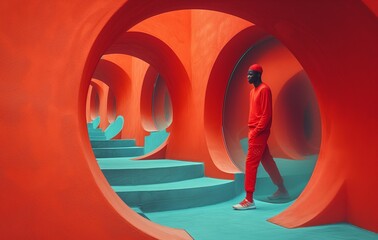 AI generated illustration of a black model walking in a vibrant orange hallway with blue accents