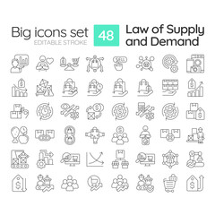 Microeconomics principles linear icons set. Law of supply and demand. Goods determined by supply and demand. Customizable thin line symbols. Isolated vector outline illustrations. Editable stroke