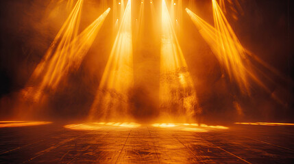 Fototapeta na wymiar Free stage with lights and smoke, Empty stage with gold yellow spotlights, conser, show, party, Presentation concept.. orange spotlight strike on black background.banner design.empty gold podium stage