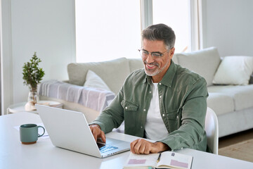 Smiling happy older mature middle aged professional man wearing eyeglasses looking at computer...